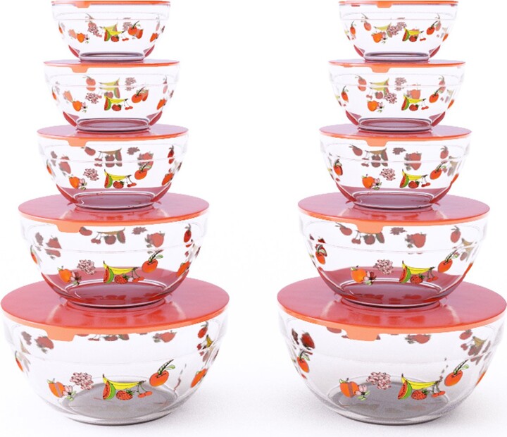 Chef Buddy 20-Piece Glass Food Storage Bowls with Lids Set - Fruit Design Set with Multiple Sizes for Storage, Meal Prep, Mixing, and Serving