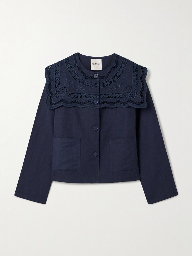 Sea Marie Broderie Anglaise Cotton And Linen-blend Jacket - Blue
