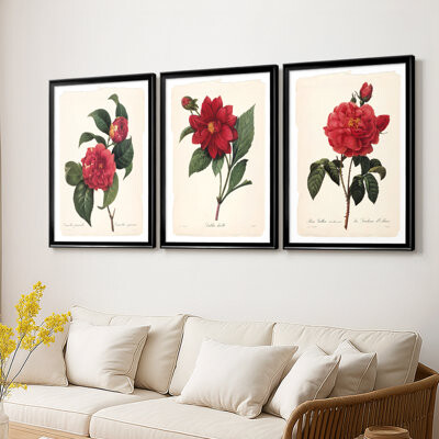 Wildon Home Red Botanical I -Custom Framed Wrapped Gallery Canvas - 3 Pieces
