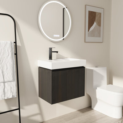 Ebern Designs Gymax 24 Inch Floating Bathroom Vanity Wall-Mounted Sink Combo with Ceramic Basin & Double Door Wood Storage