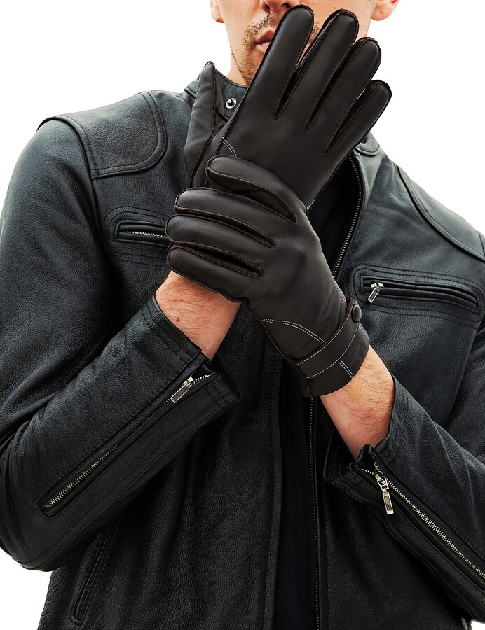 YISEVEN Winter Men's Warm Genuine Lambskin Leather Gloves Skin Tight with Button 
