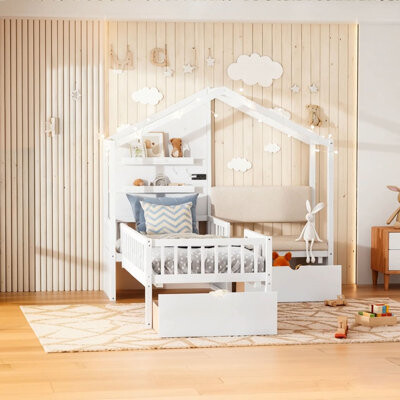 Red Barrel Studio House Bed with Upholstered Sofa, House Bed with Charging Station, Wireless Charging, Shelves and Two Drawers