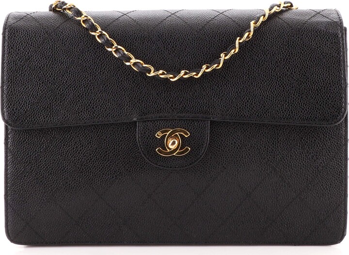 Chanel Vintage Classic Single Flap Bag Stitched Caviar Jumbo