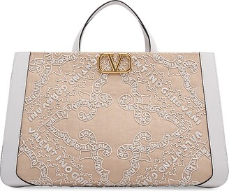 V Logo Signature Embellished Tote Bag in Neutrals - Valentino Garavani