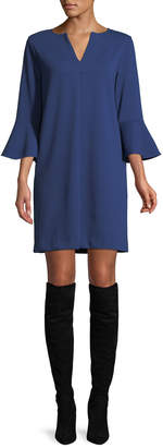 Joan Vass Petite Slit-Neck 3/4 Bell Sleeve A-Line Crepe Dress