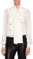 Thumbnail for your product : Alexander McQueen Ruffle-Front Tie-Neck Blouse, White