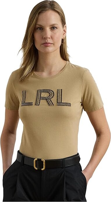 Lauren Ralph Lauren Beaded-logo Cotton Jersey T-Shirts Women's Clothing Birch Tan : LG