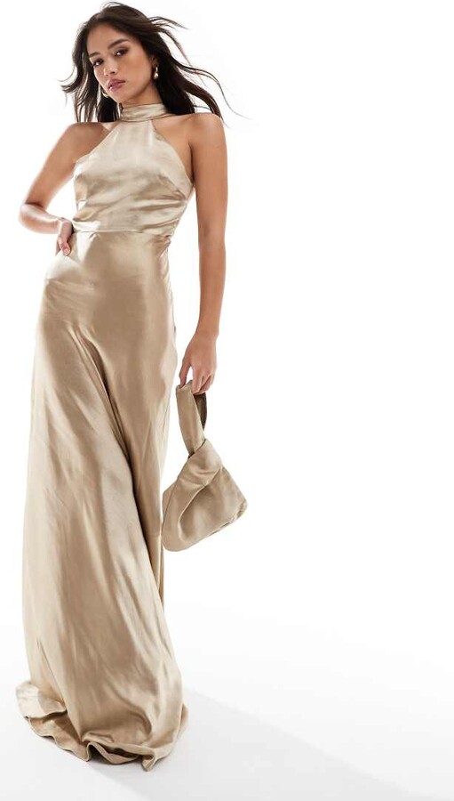 Six Stories Bridesmaid satin halter maxi dress in champagne