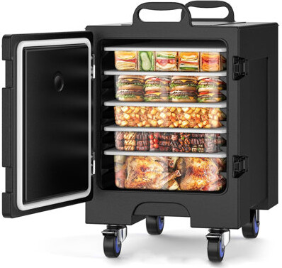 Hcalory Insulated Food Pan Carrier, 81 Qt Hot Box for Catering, LLDPE Food Box Carrier w/Double Buckles, Front Loading Food Warmer w/Handles, End Loader w/Whe