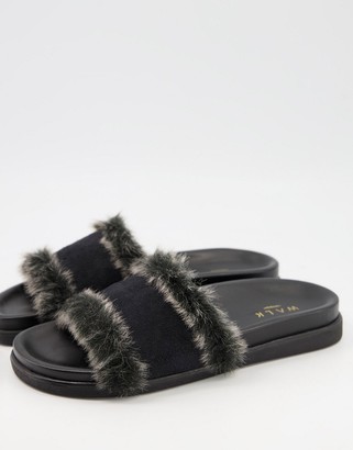 Walk London Knighsbridge faux fur lined slider slippers in black - ShopStyle