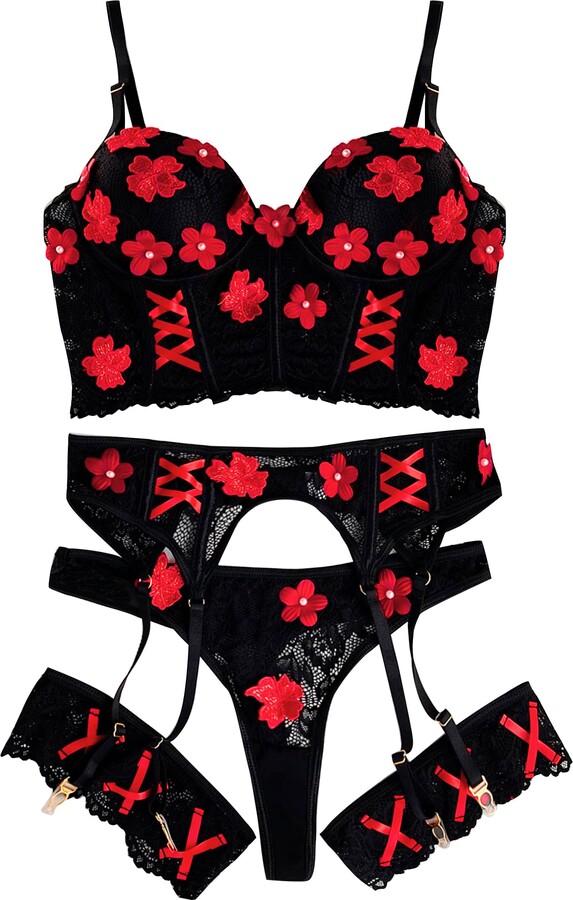 popiv Women's Lingerie Set 4 Pieces Lingerie Set Embroidered Floral