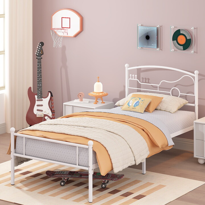 Yoneston Twin Size Platform Bed with Guitar Headboard Heavy Duty Metal Bed Frame for Boys Kids Teens Bedroom Furniture, White