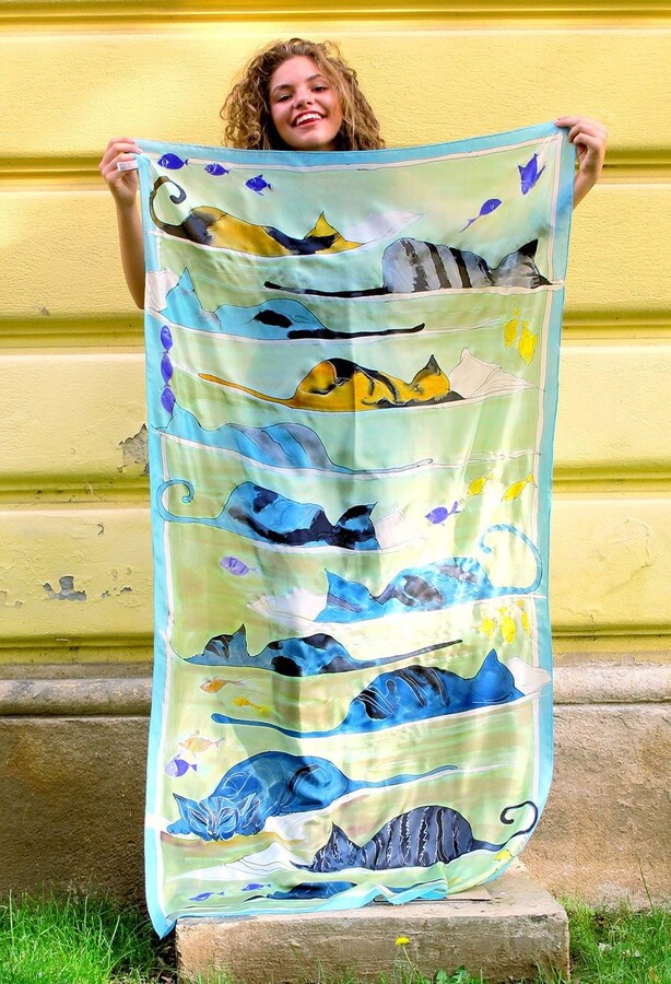 Etsy Hand-Painted Silk Scarf Blue Sleeping Cats Animal Design