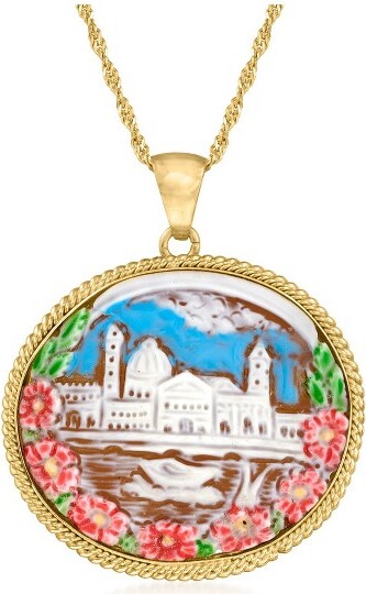 Ross-Simons Ross-SimonsItalianBrownShellCameoSanMarcoSquarePendantNecklaceWithMulticoloredEnamelin18ktGoldOverSterlingSize