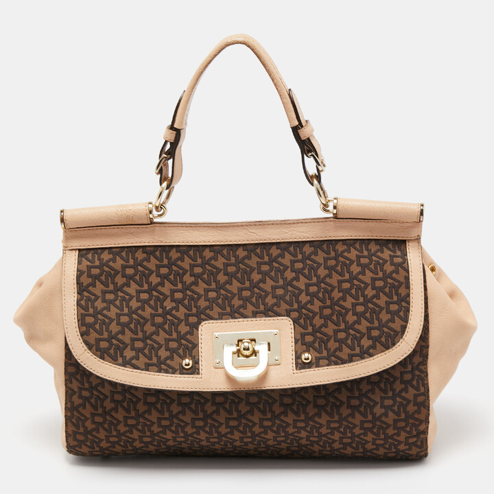 DKNY Brown/Beige Signature Coated Canvas And Leather Satchel - ShopStyle