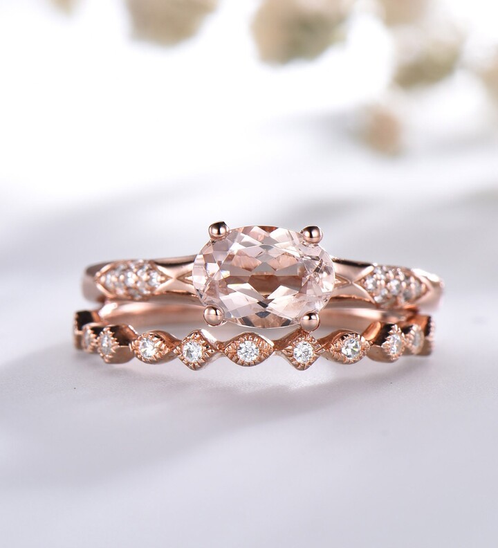 Etsy Oval Peach Morganite Engagement Ring Set Rose Gold Wedding Band