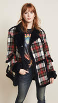 Thumbnail for your product : R 13 Plaid Coat with Sherpa Trim