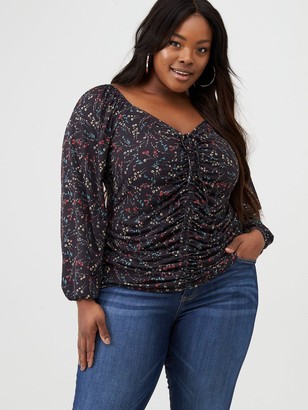 V By Very Curve Ruche Front Jersey Top - Black Floral