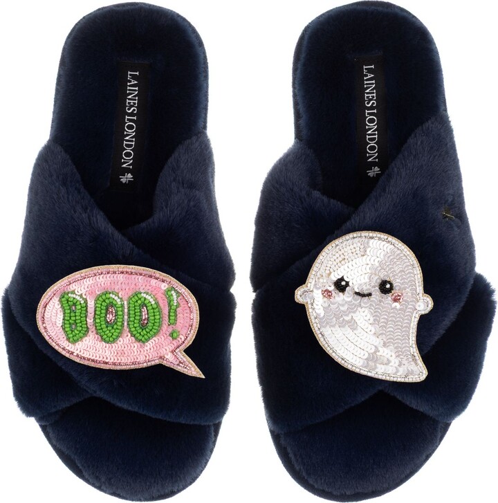 Laines London Blue Classic Slippers With Limited Edition Laines Lovables Boo The Ghost Halloween Brooches - Navy