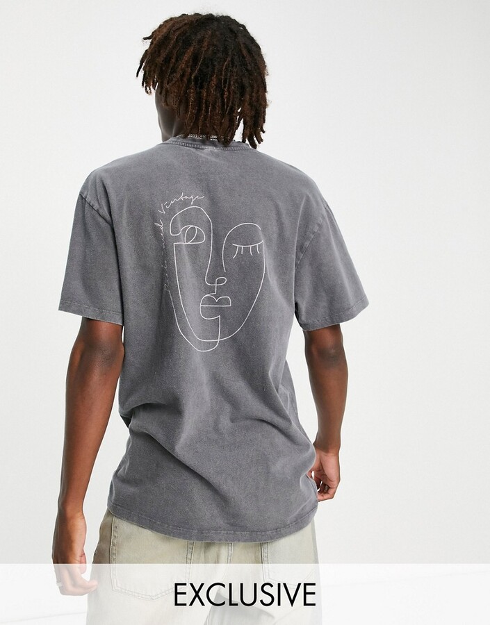 Reclaimed Vintage inspired sketchy face graphic t-shirt in washed charcoal  - ShopStyle