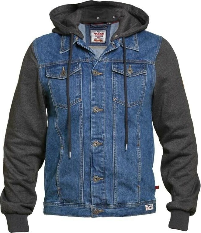 Generic Mens Hooded Denim Jacket with Silver Grey Jersey Sleeves (Denim