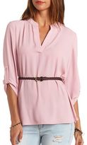 Thumbnail for your product : Charlotte Russe Belted Mandarin V-Neck Tunic Top