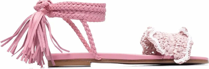 Red(V) Tassel-Trim Straw Sandals