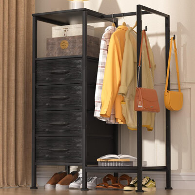 Rebrilliant Dresser For Bedroom With Clothes Hanging Rack Reversible Bedroom Dresser With 4 Fabric Drawers 2-In-1 Storage Chest Of Drawers With Storage Shelves
