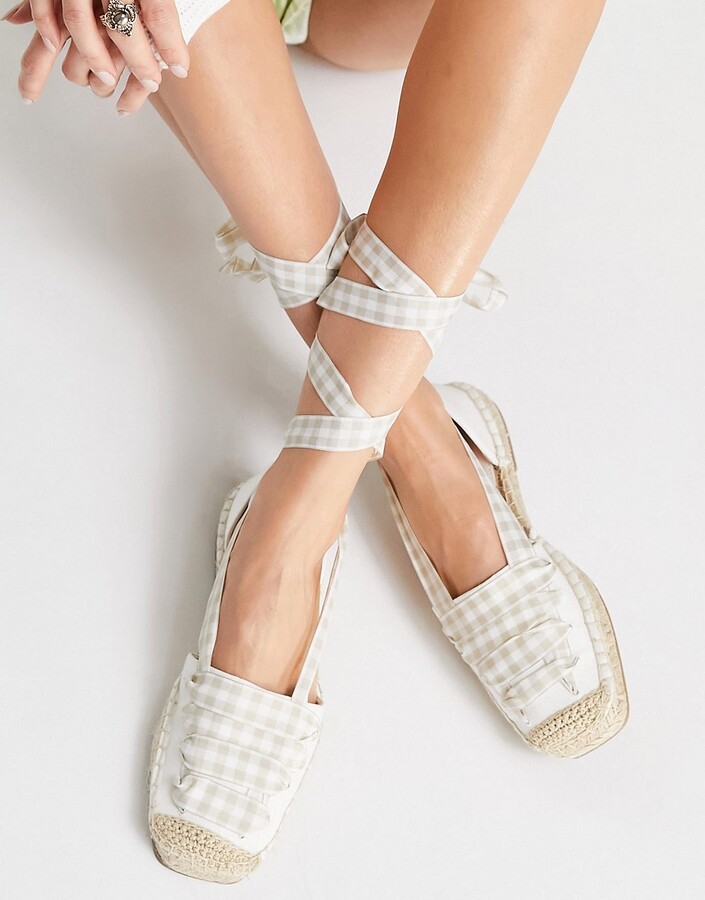 Stradivarius lace up espadrille in beige gingham - ShopStyle
