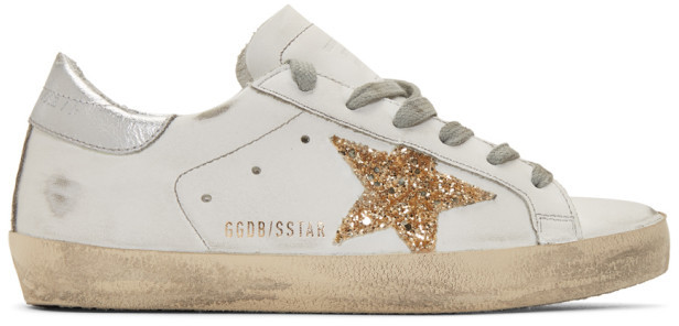 superstar sneakers with gold star and glittery black heel tab