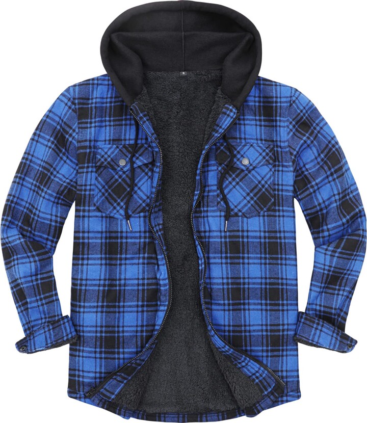 ZENTHACE Men's Sherpa Lined Full Zip Hooded Plaid Flannel Shirt Jacket