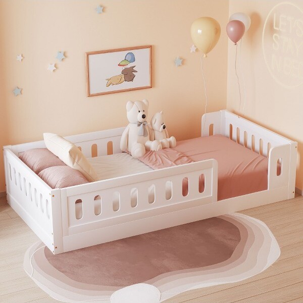 ModernLuxe TwinSizePlatformBedKidFloorBedToddlerBedwithGuardrailWhite