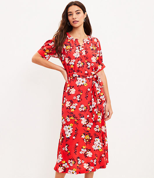 LOFT Floral Puff Sleeve Midi Dress ShopStyle