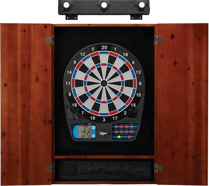 Viper 787 Electronic Dartboard, Metropolitan Cinnamon Cabinet & Shadow Buster Dartboard Light Bundle