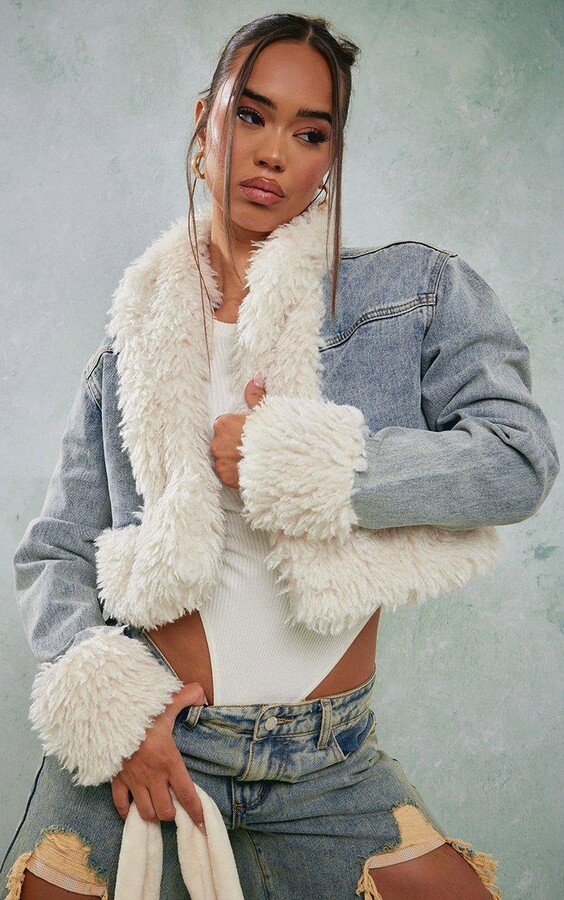 Vintage Wash Faux Fur Trim Cropped Denim Jacket Beige ShopStyle