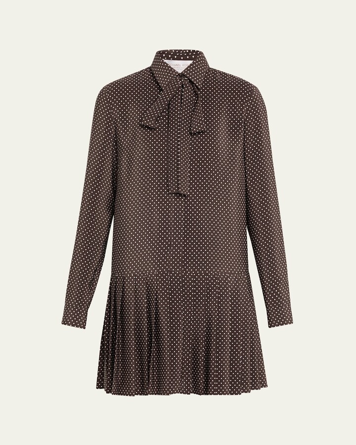 Michael Kors Collection Polka-Dot Silk Pleated Drop-Waist Bow Mini Shirtdress
