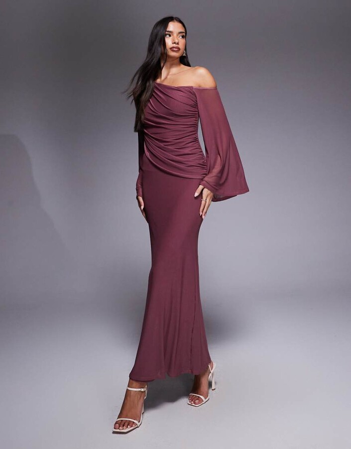 ASOS DESIGN off shoulder wide sleeve draped maxi dress in dusty