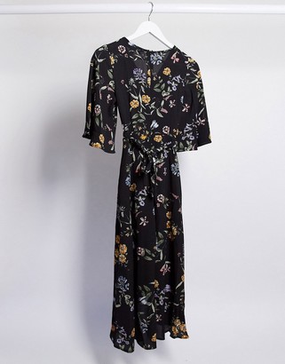 Liquorish midi wrap dress with waterfall sleeves in dark floral