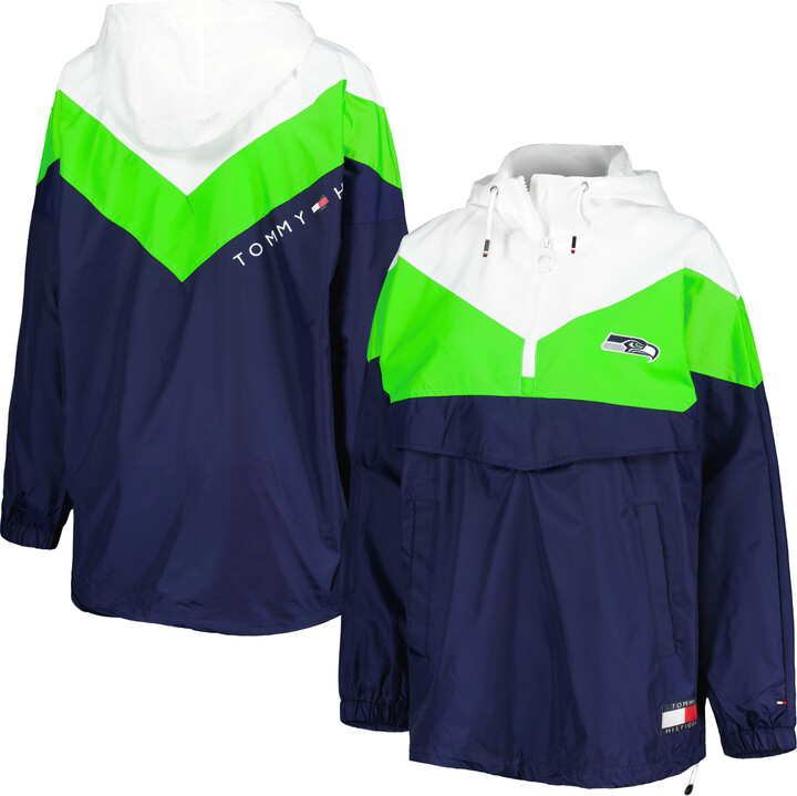 Tommy Hilfiger Women's White/Neon Green Seattle Seahawks Staci Half-Zip Hoodie Windbreaker Jacket