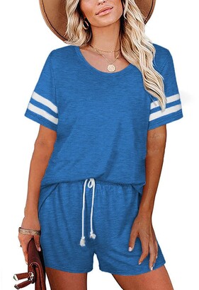 ROSKIKI Women's Lightweigth Pajamas Women Short Set Cute Two Piece Short  Sleeve Striped Round Neck Shirt and Shorts Sleepwear Nightwear Teen Girls  Blue 2X-Large - ShopStyle
