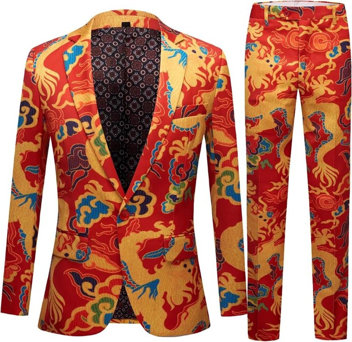 Generic Chinese Style Red Dragon Print Suit Men Stage Singer Wear 2 ...