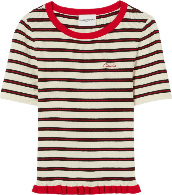 Claudie Pierlot striped embroidered-logo T-shirt
