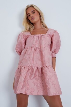 I SAW IT FIRST Nude Jaquard Square Neck Puff Sleeve Tiered Smock Dress