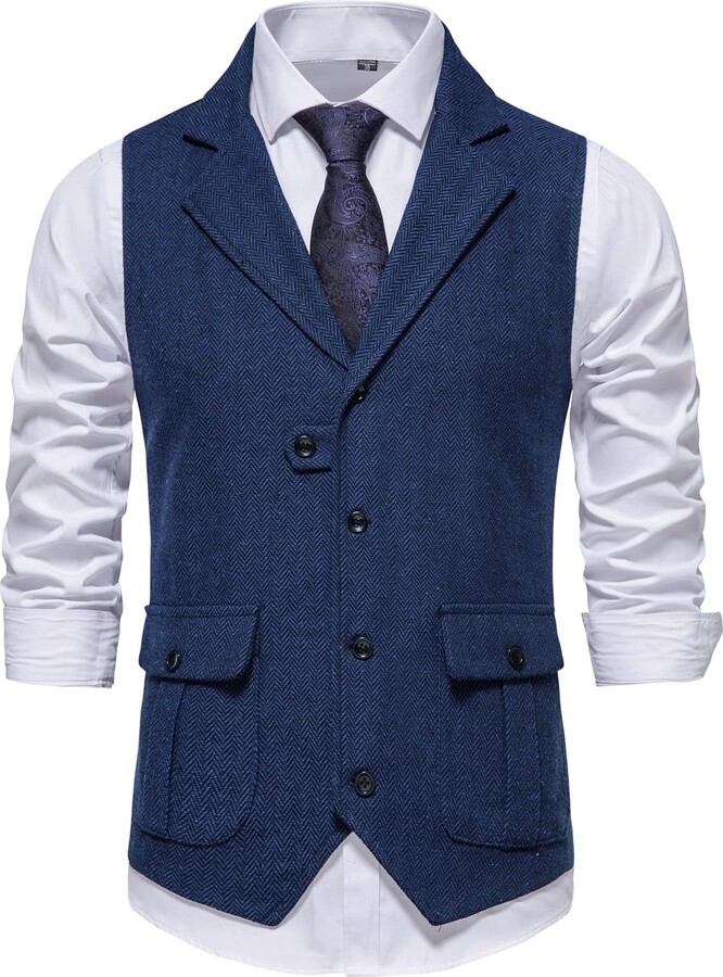 FEOYA Men's Waistcoat Wool Herringbone Tweed Tailored Collar Suit Vest ...