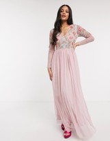 Thumbnail for your product : Lace & Beads floral embellished long sleeve maxi dress in pink
