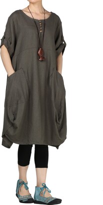 Vogstyle Women's Summer Roll-up Sleeve Baggy Dress with Pockets Brown XL
