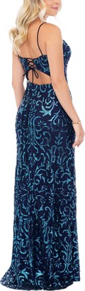 Blondie Nites Juniors' Sequined Cutout Gown - Navy/Turquoise