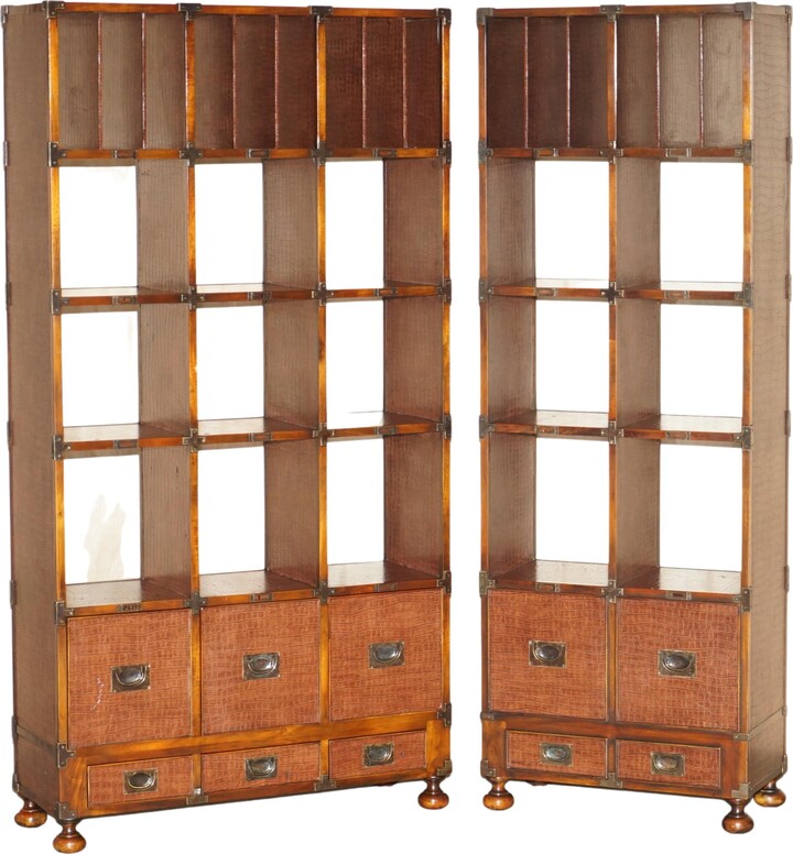 1stDibs Pair Of Crocodile Leather Open Library Bookcases With Drawers & Record Slots