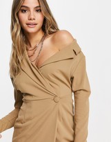 Thumbnail for your product : ASOS DESIGN fallen shoulder wrap shirt mini dress in beige