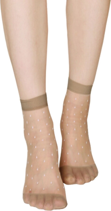 Unique Bargains Women Soft Dots Pattern Ankle Length Stretchy Sheer Socks 10 Pairs Beige